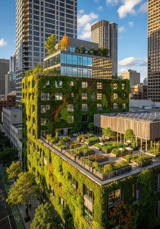 A modern building with green walls and rooftop gardens amidst a bustling city with skyscrapers