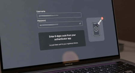Close-up of laptop screen displaying login page with two-factor authentication code request