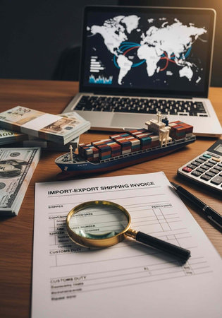 Import-export shipping invoice, laptop, calculator, money, magnifying glass, and cargo ship on desk