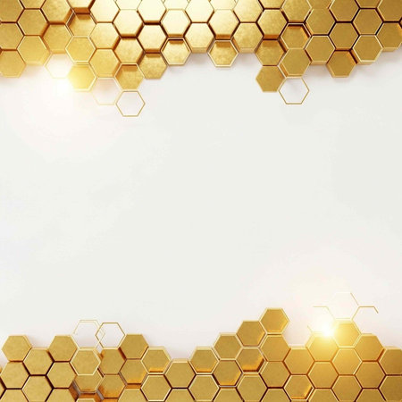 A golden honeycomb pattern on a white background with a shiny and reflective surface