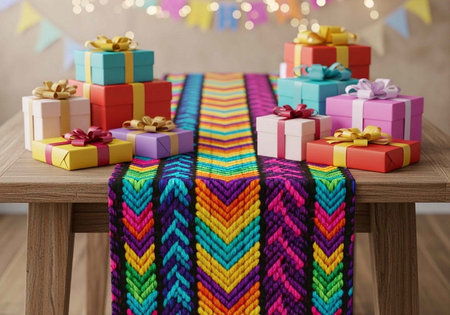 A beautifully decorated table with colorful gifts and a vibrant table runner for a festive celebrationの写真素材