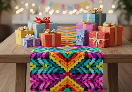 A beautifully decorated table with colorful gifts and a vibrant table runner for a festive celebrationの写真素材