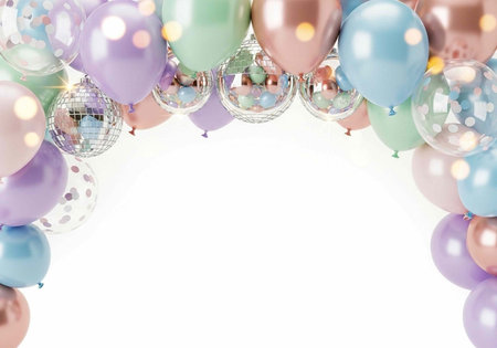 A colorful array of pastel balloons and disco balls on a white background for a festive party decorationの写真素材