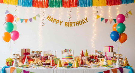 A colorful birthday party table setting with decorations and giftsの写真素材