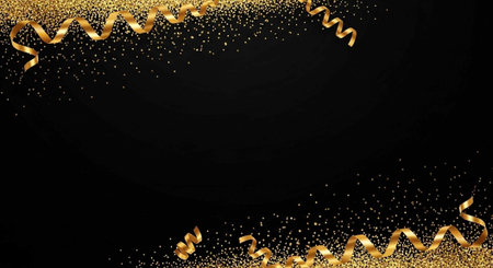 A luxurious black background with gold confetti and ribbons for a celebratory designの写真素材