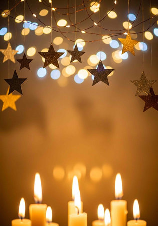A warm and cozy room decorated with hanging stars and lit candles for a festive atmosphere