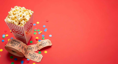A bucket of popcorn and carnival tickets on a red background with colorful confettiの写真素材