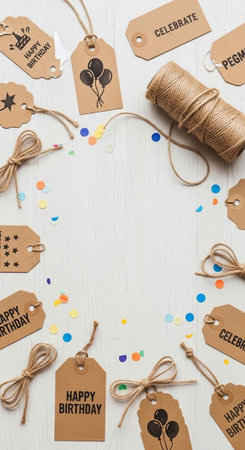A collection of brown paper birthday tags with ribbons and confetti on a white background