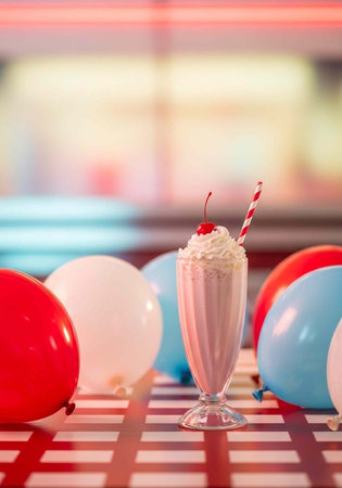 A delicious milkshake with whipped cream and a cherry on top, surrounded by colorful balloons on a red and white checkered tablecloth.の写真素材