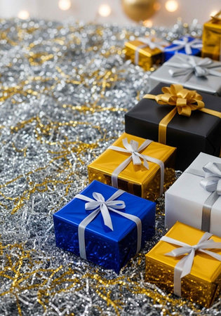 Colorful gift boxes wrapped in shiny paper with ribbons on a festive background with tinsel and...
