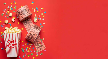 A vibrant red background with popcorn, movie tickets, and colorful confetti, perfect for a cinema or...