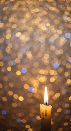 A single lit candle standing out against a vibrant background of colorful bokeh lights at night