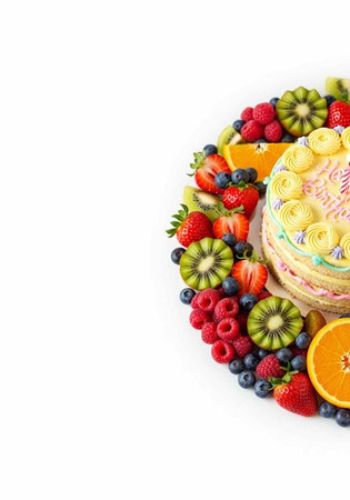 A colorful arrangement of fresh fruits surrounding a decorated cake on a white background