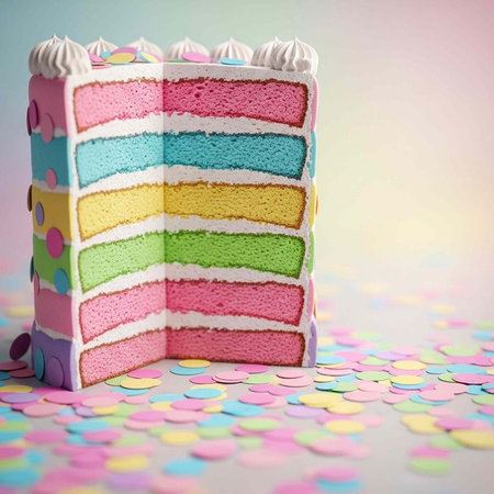 A colorful layered cake with white frosting and confetti on a pastel background, perfect for...