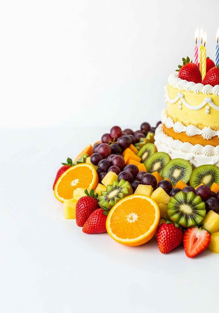 A delicious birthday cake surrounded by a colorful arrangement of fresh fruits on a white backgroundの写真素材