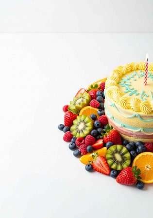 A colorful cake with a red candle surrounded by fresh fruits like strawberries, blueberries, kiwis, and oranges on a white background.の写真素材