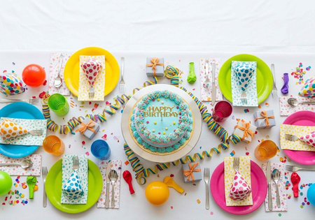 A colorful birthday party table setting with a cake and balloonsの写真素材