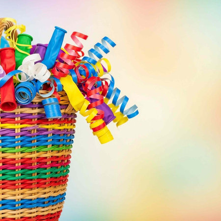 A colorful wicker basket filled with vibrant party streamers and ribbons on a pastel backgroundの写真素材