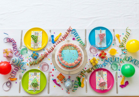 A colorful birthday party table setting with cake and decorationsの写真素材