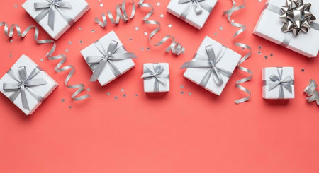 A festive arrangement of white gifts with silver ribbons on a pink background with confetti and ribbonsの写真素材
