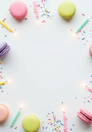 A colorful arrangement of macarons and birthday candles on a white background with sprinkles