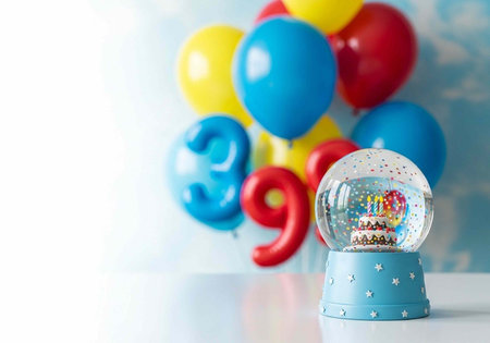 A colorful snow globe with balloons and confetti celebrating a birthday on a white table