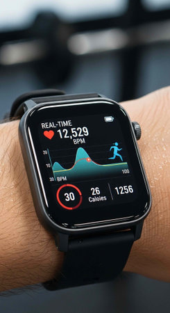A close-up of a smartwatch on a wrist displaying real-time heart rate and fitness tracking data...