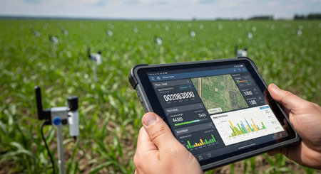 A person using a tablet to monitor and analyze data in a vast green agricultural field with sensors