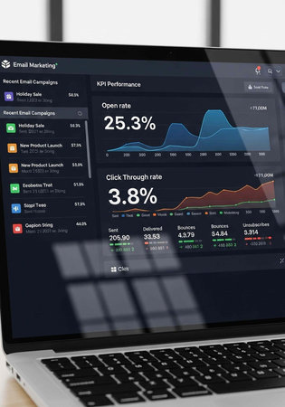 A laptop screen displays an email marketing dashboard with graphs and statistics.