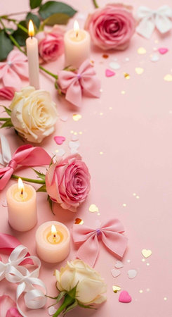 A romantic arrangement of pink and white roses, candles, and bows on a soft pink background for...