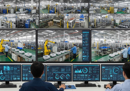 Two men monitoring a large factory with multiple robotic arms through several computer screens...