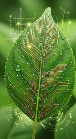 A green leaf with a circuit board design and water droplets on it, surrounded by a futuristic...