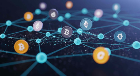 A digital illustration of various cryptocurrency symbols connected by lines on a dark background