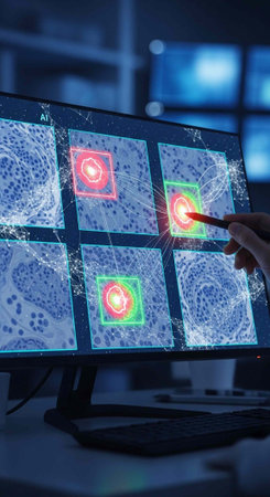 A scientist analyzing cell images on a computer screen in a laboratory setting with AI technology