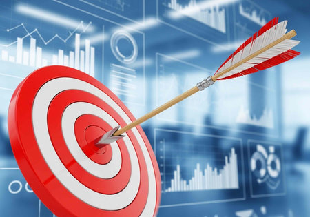 A red and white target with an arrow hitting the bullseye in front of a blue background with various...