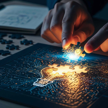 A person placing a glowing puzzle piece into a circuit board with a human brain design