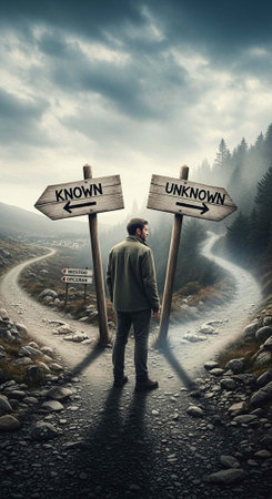 A man stands at a crossroads, contemplating the choice between the known and unknown paths in a...