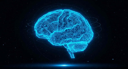 A glowing blue digital brain illustration with circuit board patterns on a dark background with...