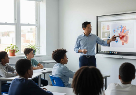 A male teacher explaining a human anatomy lesson to a group of diverse students in a classroom