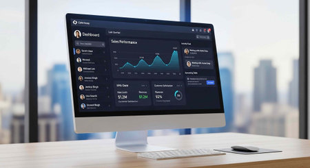 A computer monitor displaying a graph on a desk in a modern office with a city view