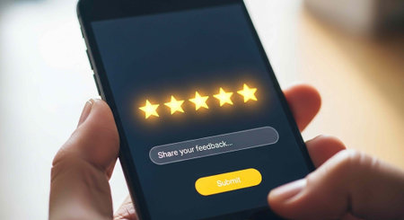 A person holding a smartphone with a five-star rating feedback form on the screen