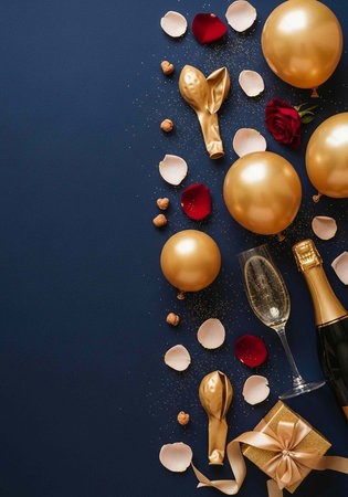 A luxurious celebration setup with gold balloons, champagne, and roses on a dark blue backgroundの写真素材