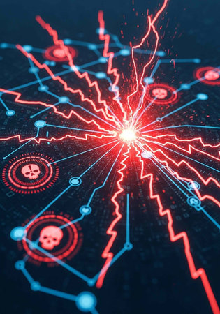 A digital illustration of a red lightning bolt surrounded by blue lines and skull symbols on a dark...
