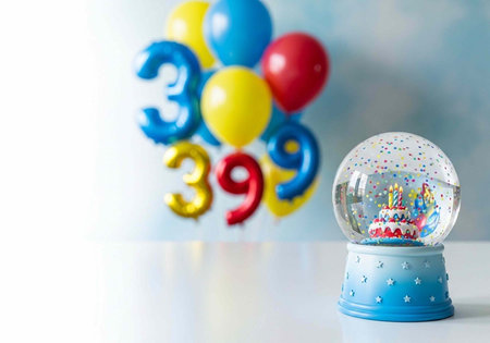A colorful snow globe with balloons and numbers on a white table for a birthday celebrationの写真素材