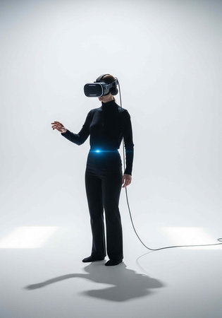 A woman wearing a virtual reality headset stands in a white room with a glowing blue light on her...