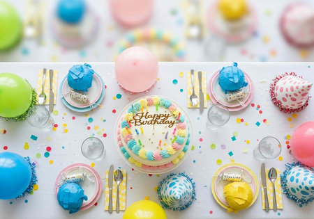 A colorful birthday party table setting with cake, cupcakes, and decorationsの写真素材