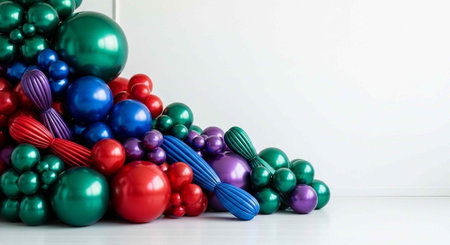 A colorful pile of balloons in various shapes and sizes against a white background