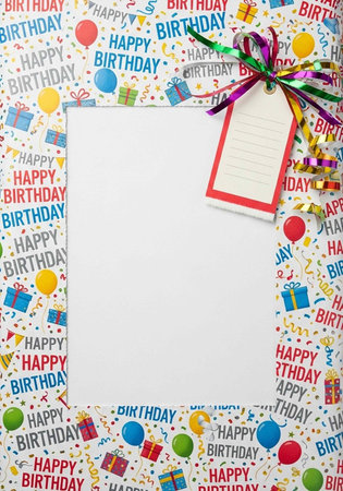 A colorful birthday card with a blank space for a personal message surrounded by festive decorationsの写真素材