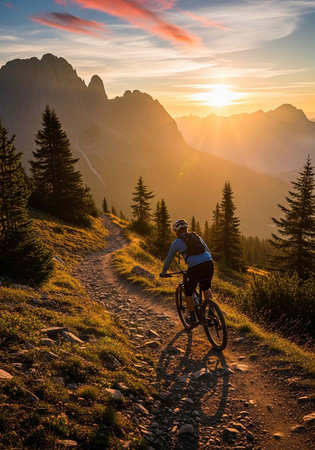 Cyclist on a bike path surrounded by pine trees and mountains during golden hour.の写真素材