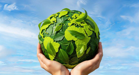 A pair of hands cradling a globe covered in green leaves against a blue sky